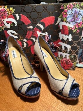 Not Rated Natural Linen Peep-Toe Heels with Navy Polka Dot Trim